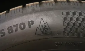 Opony TS870P z oznaczeniem M+S i symbolem płatka śniegu w górach. Gotowe na zimowe wyzwania.