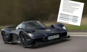 Niebieski Aston Martin Valkyrie pędzi po drodze, obok dokument z cennikiem serwisów.