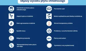 Objawy wycieku płynu chłodniczego: niski poziom, zapach w kabinie, parowanie szyb, mokra wykładzina, wzrost temperatury silnika, plamy pod autem.