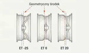 Ilustracja porównuje trzy felgi z różnym et: ET -25, ET 0 i ET 20. Pokazuje, jak zmienia się położenie geometrycznego środka felgi względem jej płaszczyzny montażowej.