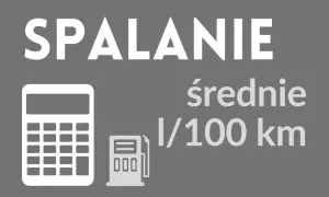 Grafika pokazuje kalkulator i dystrybutor paliwa, symbolizujące jak obliczyć spalanie. Napis "SPALANIE średnie l/100 km" wyjaśnia cel.