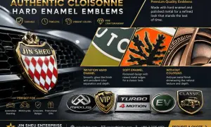 Elegancki emblemat z logo Jin Sheu, wykonany techniką cloisonné, prezentuje różne rodzaje wykończeń: imitacja twardego emaliowania, miękkie emaliowanie i wykończenie bezbarwne.