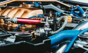 Zmodyfikowany silnik kei car z złotym kolektorem i czerwonym elementem.