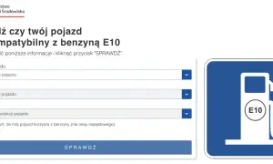 Strona Ministerstwa Klimatu i Środowiska pozwala sprawdzić, czy Twój pojazd jest kompatybilny z benzyną E10. Ikona stacji paliw z napisem E10.