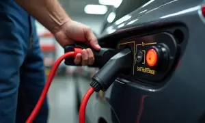 Mężczyzna podłącza czerwony kabel do ładowania akumulatora samochodu elektrycznego.