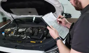 Mechanik sprawdza listę kontrolną, notując szczegóły przeglądu samochodu. Zastanawiasz się, ile trwa przegląd samochodu?