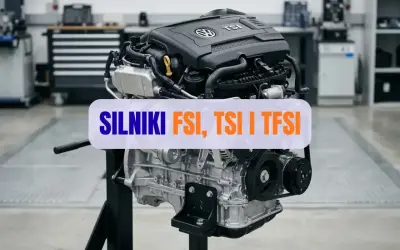 Silnik FSI, TSI i TFSI Volkswagena na stojaku w warsztacie.