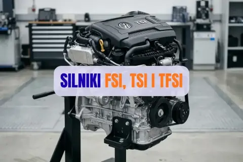 Silnik FSI, TSI i TFSI Volkswagena na stojaku w warsztacie.