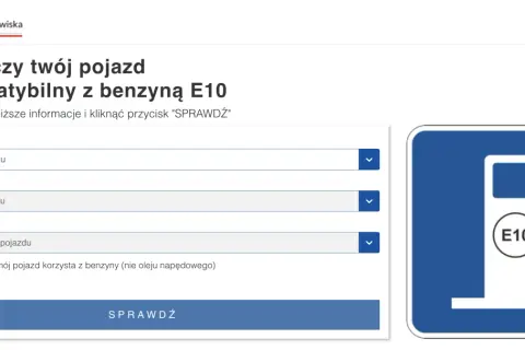 Strona Ministerstwa Klimatu i Środowiska pozwala sprawdzić, czy Twój pojazd jest kompatybilny z benzyną E10. Ikona stacji paliw z napisem E10.