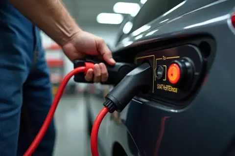 Mężczyzna podłącza czerwony kabel do ładowania akumulatora samochodu elektrycznego.