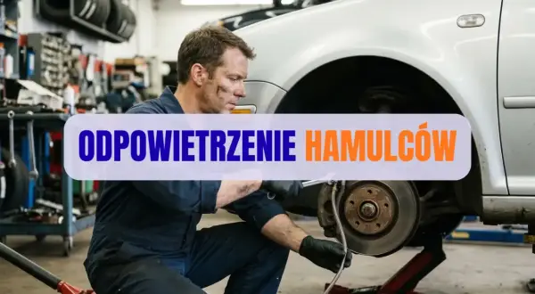 Mechanik wykonuje odpowietrzanie hamulców w samochodzie, pracując w warsztacie.