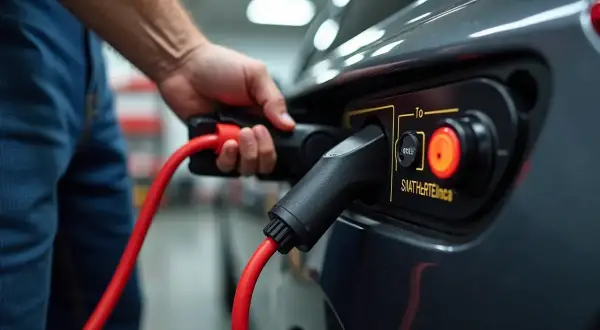 Mężczyzna podłącza czerwony kabel do ładowania akumulatora samochodu elektrycznego.