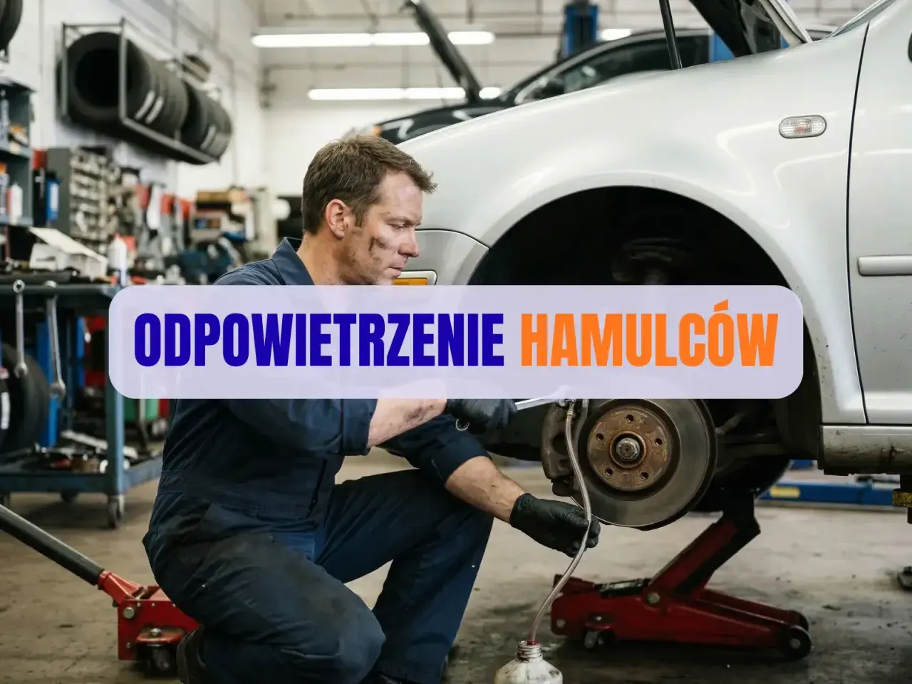 Mechanik wykonuje odpowietrzanie hamulców w samochodzie, pracując w warsztacie.