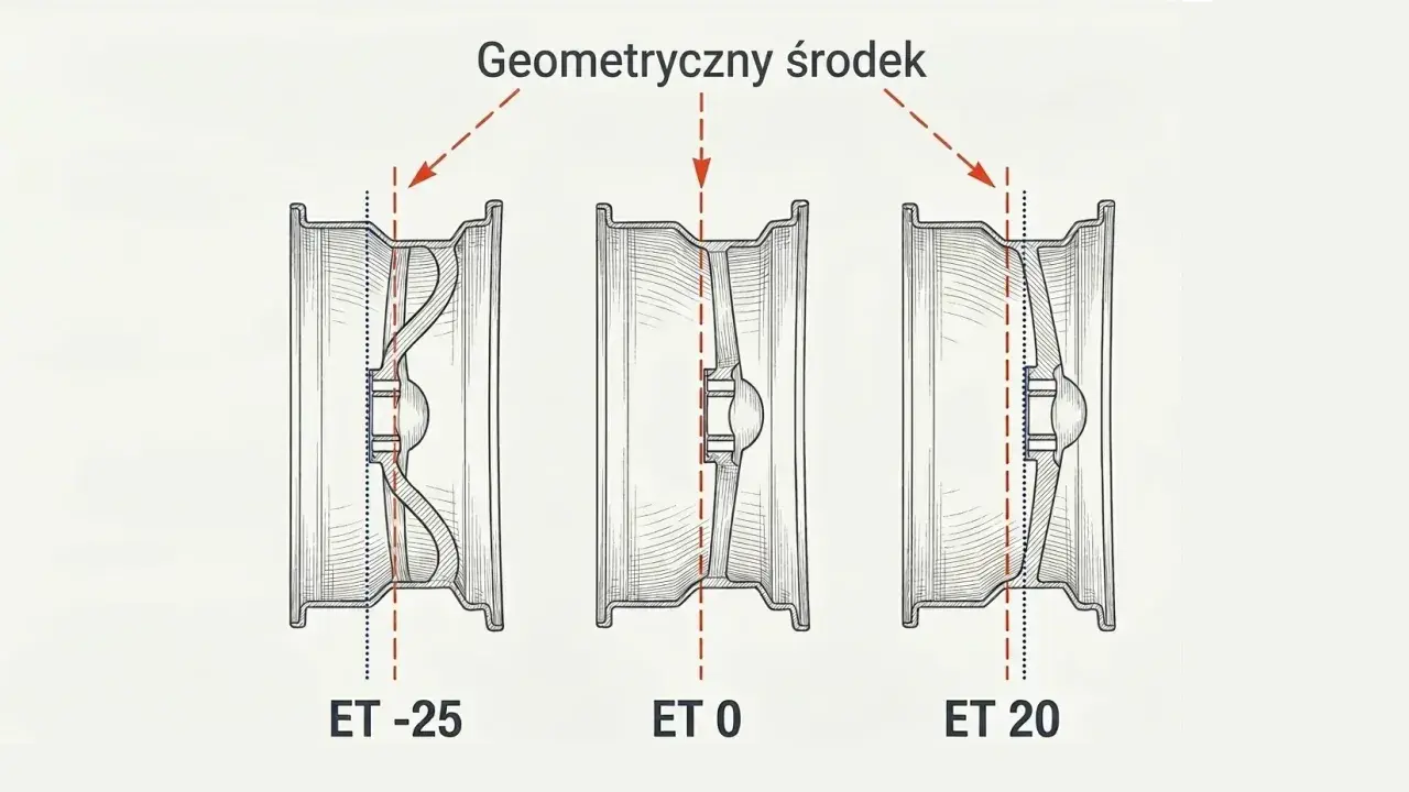 Ilustracja porównuje trzy felgi z różnym et: ET -25, ET 0 i ET 20. Pokazuje, jak zmienia się położenie geometrycznego środka felgi względem jej płaszczyzny montażowej.