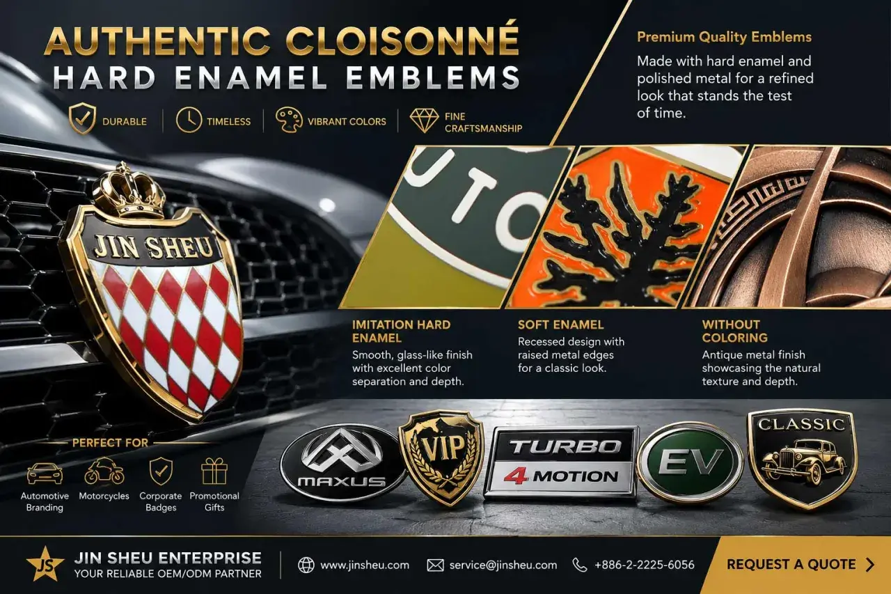 Elegancki emblemat z logo Jin Sheu, wykonany techniką cloisonné, prezentuje różne rodzaje wykończeń: imitacja twardego emaliowania, miękkie emaliowanie i wykończenie bezbarwne.