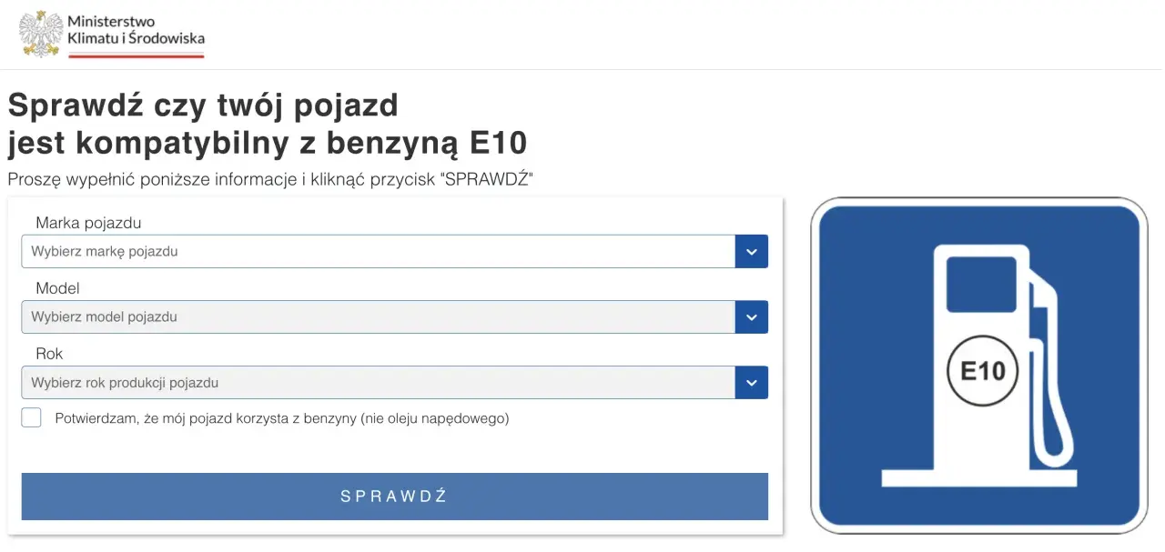 Strona Ministerstwa Klimatu i Środowiska pozwala sprawdzić, czy Twój pojazd jest kompatybilny z benzyną E10. Ikona stacji paliw z napisem E10.