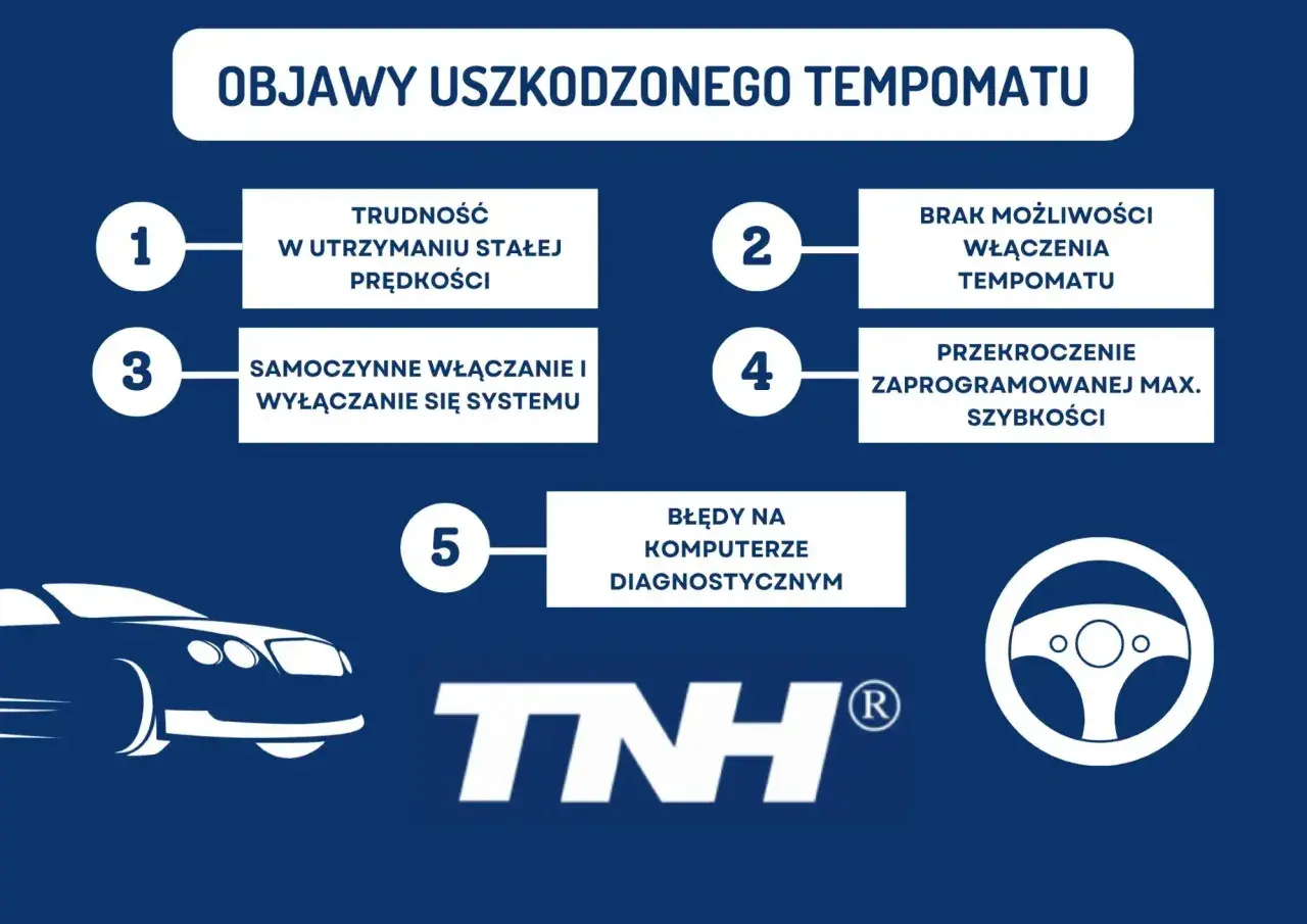 Objawy uszkodzonego tempomatu: trudność w utrzymaniu prędkości, samoczynne włączanie/wyłączanie, brak możliwości włączenia, przekroczenie max. prędkości, błędy diagnostyczne.