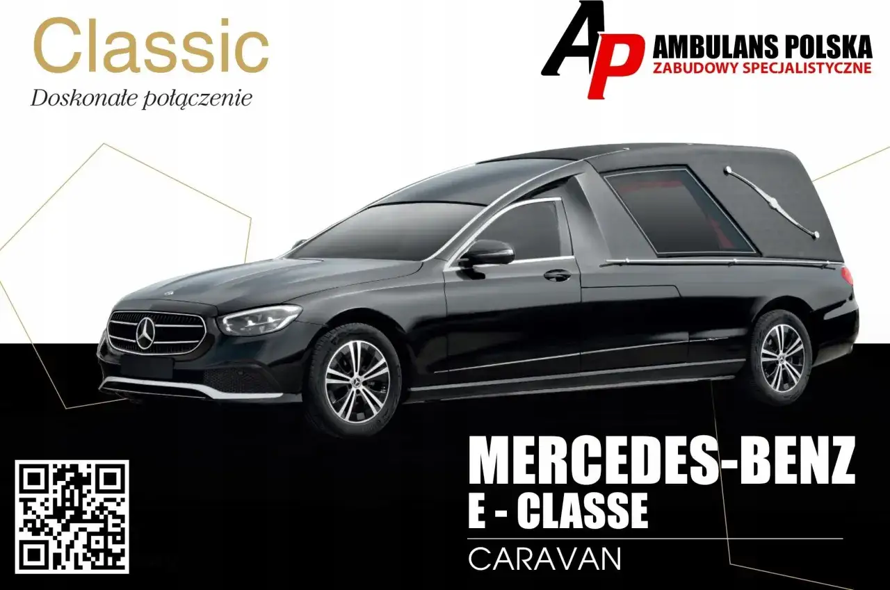 Elegancki, czarny karawan Mercedes-Benz E-Classe od Ambulans Polska. Klasa i styl w trudnych chwilach.