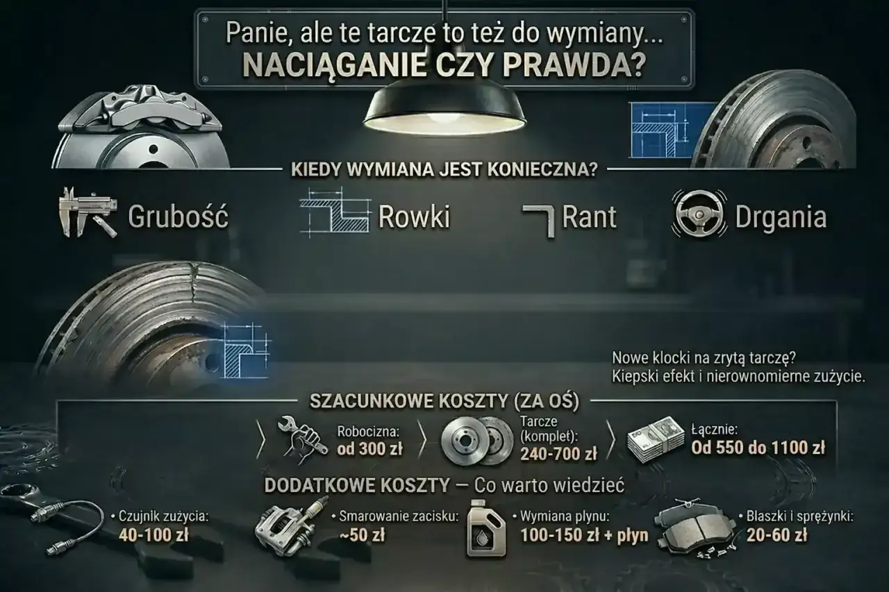 Szacunkowa wymiana klocków hamulcowych cena: robocizna od 300 zł, tarcze 240-700 zł. Dodatkowe koszty: czujnik zużycia, smarowanie, płyn.