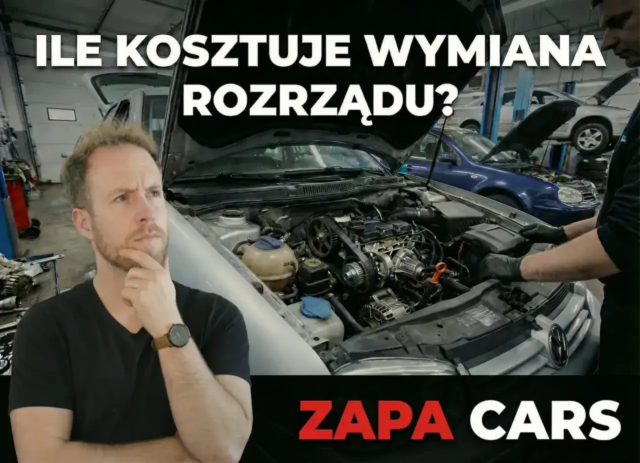 Mężczyzna zastanawia się nad kosztem wymiany rozrządu w samochodzie. Mechanik pracuje przy silniku.