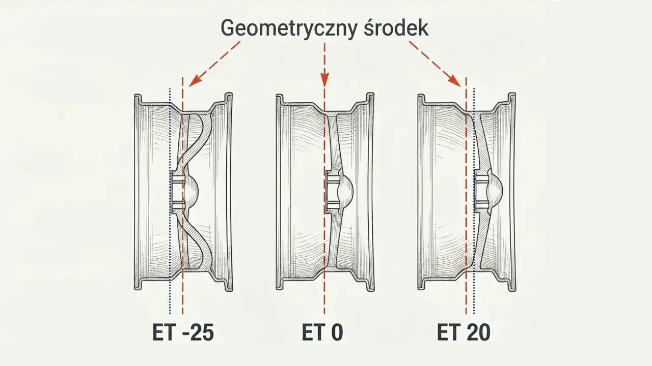 Ilustracja porównuje trzy felgi z różnym ET: -25, 0 i 20. Pokazuje, jak zmienia się położenie geometrycznego środka felgi względem jej mocowania.