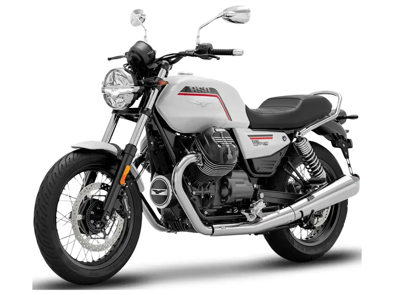 Stylowy motocykl Moto Guzzi V7 Special w kolorze białym, z czarnym siedzeniem i chromowanymi detalami. Klasyczny wygląd, idealny na miejskie przejażdżki.
