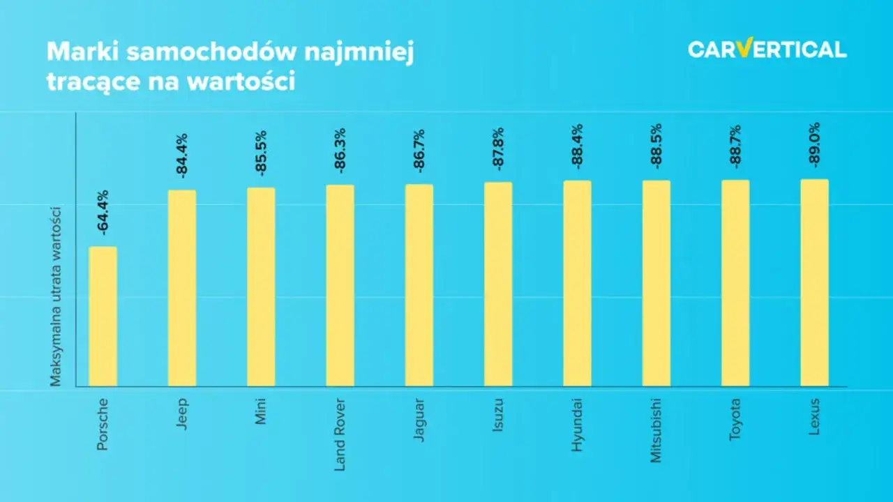 Wykres pokazuje maksymalną utratę wartości samochodów. Porsche traci najmniej, bo -64.4%, co świadczy o jego niskiej amortyzacji.