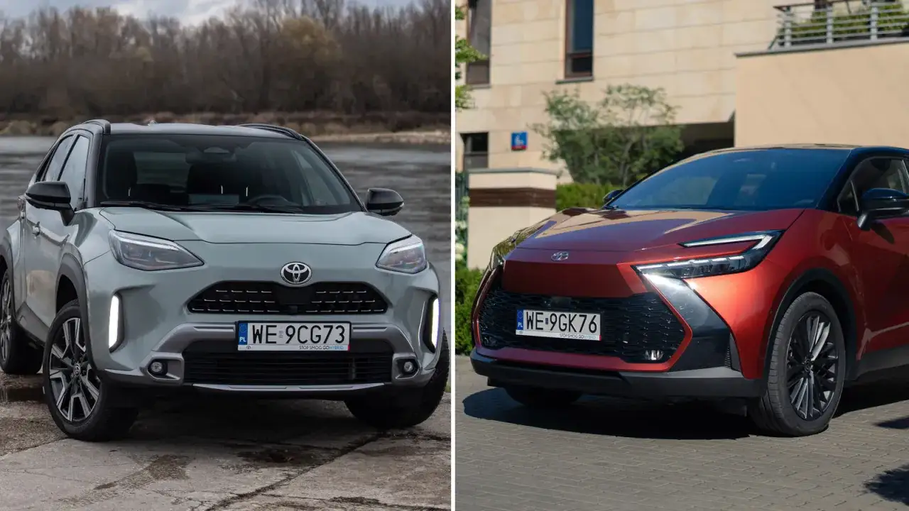 Dwa modele Toyota hybrid: szary crossover przy rzece i czerwony SUV na tle budynku.