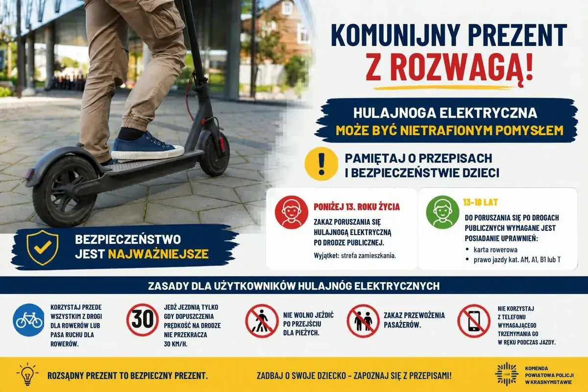Od ilu lat można jeździć na hulajnodze elektrycznej? Poniżej 13 lat zakaz na drogach publicznych, od 13-18 lat wymagane uprawnienia. Bezpieczeństwo przede wszystkim!