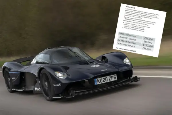 Niebieski Aston Martin Valkyrie pędzi po drodze, obok dokument z cennikiem serwisów.