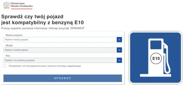 Strona Ministerstwa Klimatu i Środowiska pozwala sprawdzić, czy Twój pojazd jest kompatybilny z benzyną E10. Ikona stacji paliw z napisem E10.