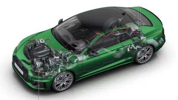 Przekrój zielonego Audi A5 Coupé ukazujący silnik i elementy układu napędowego, w tym technologię mild hybrid.